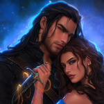 Illustration of a man holding a woman against a cosmic background
