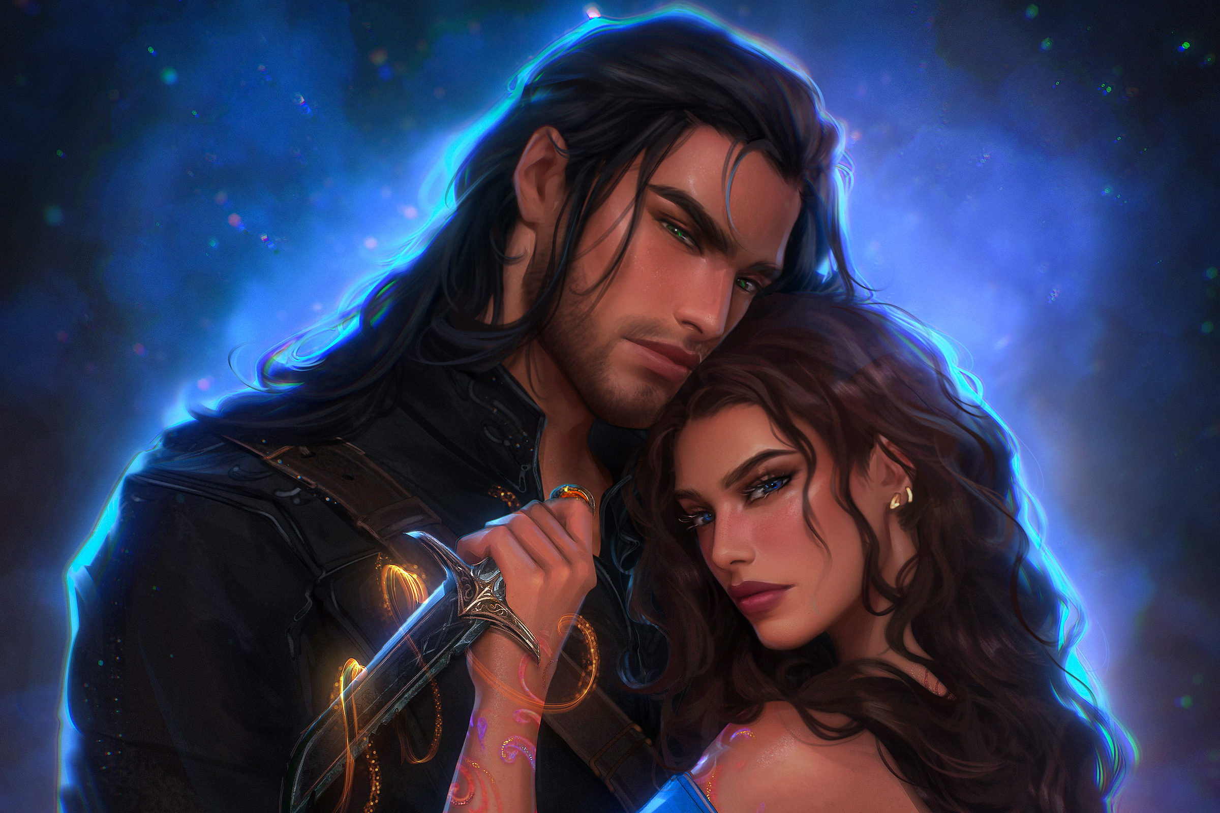 Illustration of a man holding a woman against a cosmic background